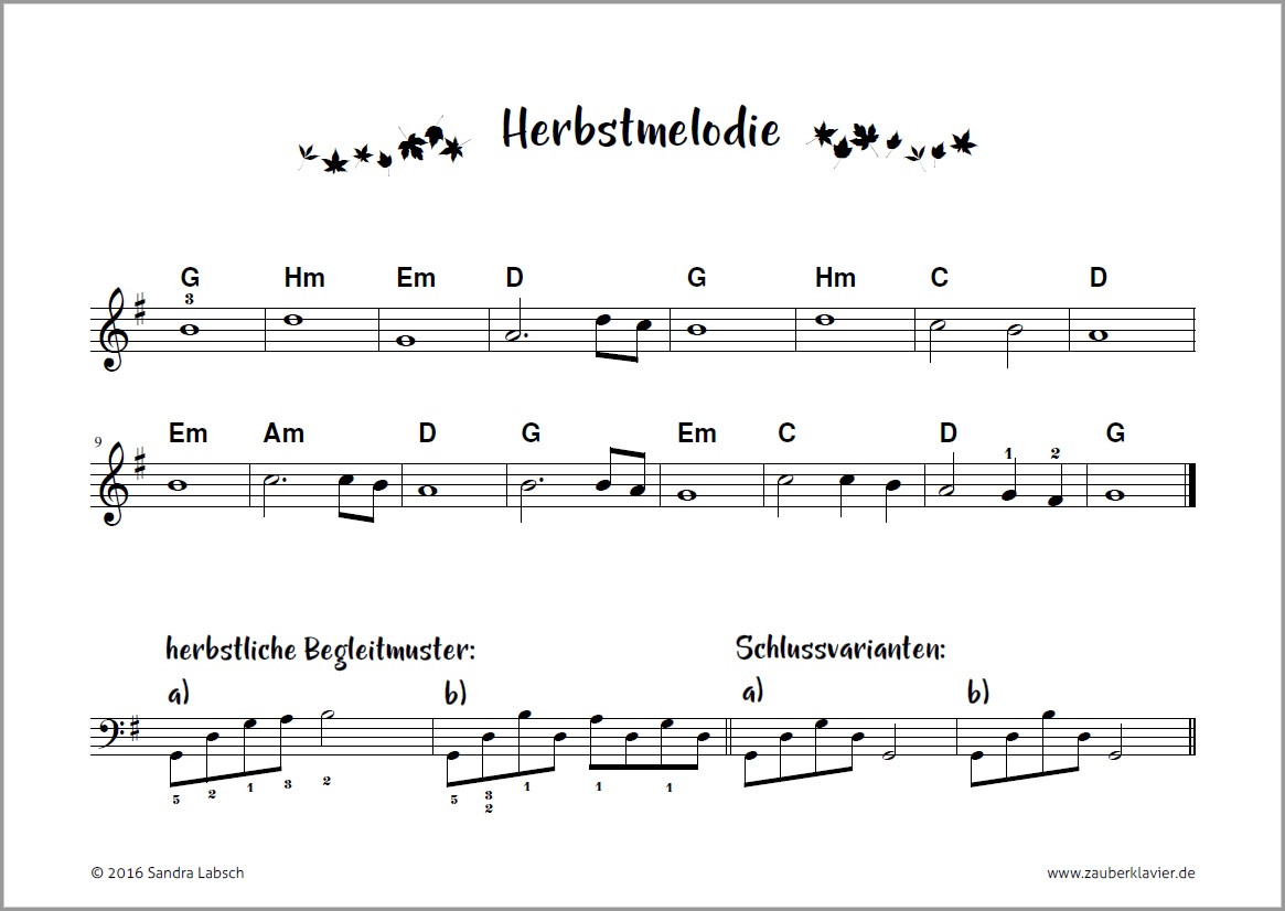 Herbstmelodie, Begleitmuster, Bassfiguren, Sandra Labsch, Zauberklavier, kostenloses Klavierstücke, kostenlose Klaviernoten, Liedbegleitung, Spiel nach Akkordsymbolen